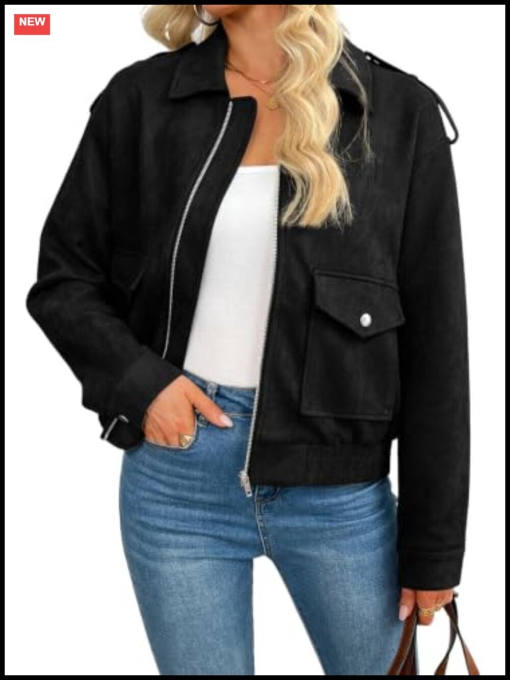 SHEWIN Faux Suede Zip Up Jacket Long Sleeve Relaxed Casual Fall